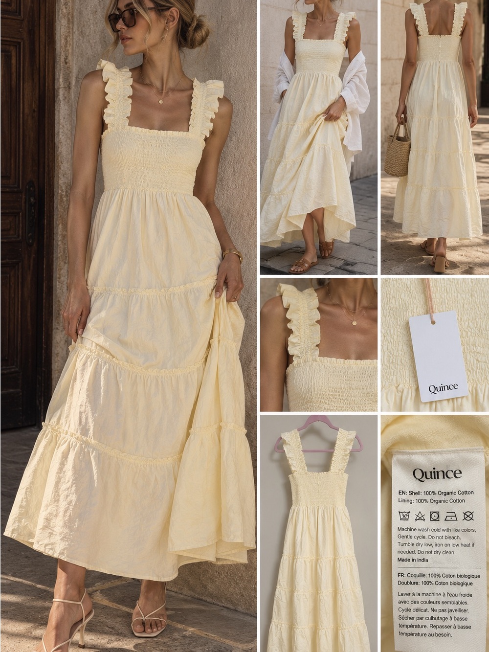 Quince NWT Organic Cotton Smocked Tiered Maxi Dress Butter Yellow Size L